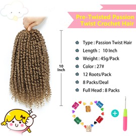 Fulcrum Passion Twist Hair 10 Inch, 8 Packs Passion Twist Crochet Hair for Black Women, Prelooped Crochet Twist Hair with Curly Ends (10Inch, 27#)