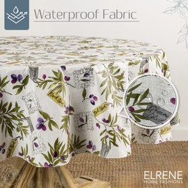 Elrene Home Fashions Montalcino Italian Olive Branches Water- and Stain-Resistant Vinyl Tablecloth with Flannel Backing, 70 Inches X 70 Inches, Round