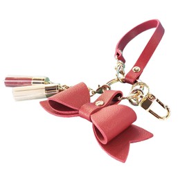 byDream Cute Genuine Leather Ribbon Key Chain Strap Genuine Leather Bag Charm Accessory Ribbon Charm Keychain Birthday Gift, dark pink