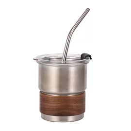 ATFYER Anti-scalding Camping Cup Stainless Steel Coffee Cup with Wooden Sleeve Travel Coffee Cup for Home and Office，Metal Straw Included, Metal Straw Included