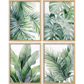 SIGNWIN Framed Poster Tropical Jungle Plants Green Leaves Print Nature Illustration Decorative Country/Farmhouse Rustic Cozy Zen for Living Room, Bedroom, Office - 12"x16"x4 Natural