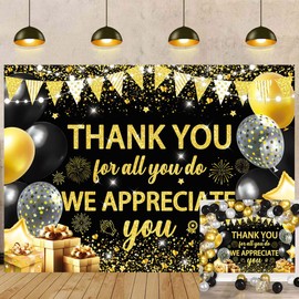 Thank You Backdrop Black Gold Glitter Thank You for All You Do Backdrop We Appreciate You Banner for Employee Teacher Doctor Nurse Appreciation Party Decoration Photo Props (Black, 8X6FT)