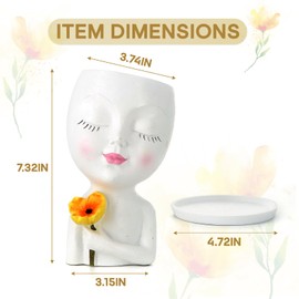 Face Planter Pot Head Planter for Indoor Plant, Elegant Lady Face Flower Pot Holding Poppy, Small Cute Plant Pot w Drainage, Resin Planter For Succulent Cactus Outdoor, White (3.7" D, 7.3" H)