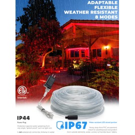 WYZworks 100ft Red LED Outside Rope Light - 8 Modes, Waterproof Permanent Outdoor Accent Lighting w/Remote, Flexible Clear Tube, ETL Certified, Exterior Christmas Patio Palm Tree Yard Ambient