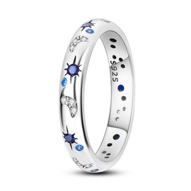 TINSLO 925 Sterling Silver Ring Moon Star Ring as Gifts for Women Colorful Cubic Zirconia Crown Ring Stackable Vintage Set Size 6-9