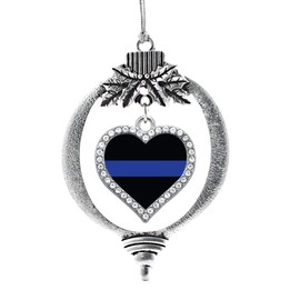 Inspired Silver - Thin Blue Line - Police Support Silver Christmas Ornament - Open Heart Charm Christmas Tree Ornament with Cubic Zirconia - Holiday Hanging Decoration