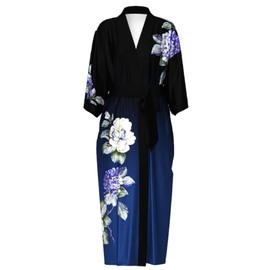 EORUBE Long Kimono Robe Women Cover Up Print Floral Satin Sleepwear Silky Bathrobe Bachelorette Robe (Navy - Gradient Peony)