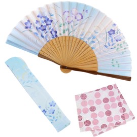 Osaka Choseido Folding Fan, Women's, Stylish, Business, Folding Bag, Handkerchief Included, Flower Poem, Autumn grass (blue)