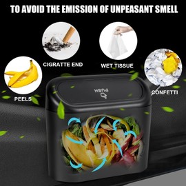 LONGRUI Mini Car Trash Can with Lid – Small Push-Type Auto Garbage Bin with Clip, Compact Vehicle Trash Container for Car Door, Console, or Desk, Black