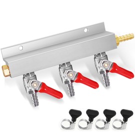 Keg Gas Manifold, 3-Way CO2 Gas Distributor Kegerator Co2 Manifold Keg Co2 Splitter OD 5/16” Barb Fitting Fit for ID 5/16'' Gas Lines with Integrated Check Valves & 4PCS Hose Clamps