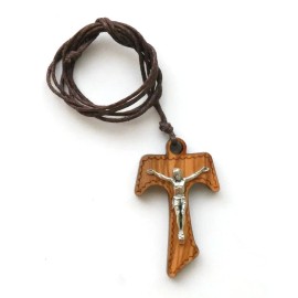 Wood Tau Cross Pendant 1-3/4" x 1-1/8" with Corpus