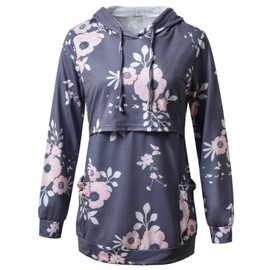 GINKANA Maternity Nursing Hoodie Breastfeeding Long Sleeves Shirt for Women,Blue with Pink Flower,L