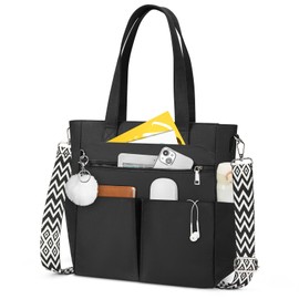 Lubardy Bolsa Tote de Mujer con Pompón, Bolsa de Lona Mujer, Bolsa Tote Bag Grande Impermeable, Bolso de Mano para Mujer, Bolsa Bandolera para Laptop 15.6 Pulgadas, Universidad, Trabajar, Viaje Negro