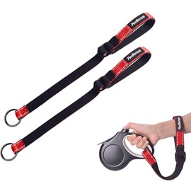 PetBonus 2 Packs Short Dog Leash, Safety Wrist Strap for Retractable Dog Leash, Reflective Design and Adjustable Soft Padded Handle, Extra Layer Security for Pet Stroller (Red, Red)