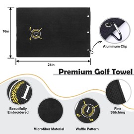 CGFN Golf Towel Gift, Golf Gifts for Men, Women Microfiber Waffle Golf Towels with Embroidered Monogrammed |16”x 24”Golf Towels for Golf Bags with Clip for Men (Black, Initial-T)