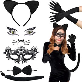 Pack of 6 women's cat costumes, cat ears headband, cat costume, women's cat costume with cat tail, lace eye mask, gloves, stickers for carnival, costume party, cosplay