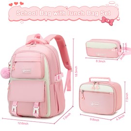 3PCS Girls Backpack for School, Kids Backpack for Girls with Lunch Bag & Pencil Pouch Set for Teen Girl Elementary Primary Middle High College School Bookbag (Pink)