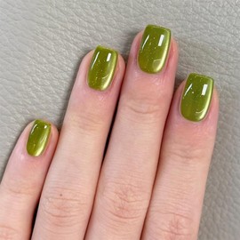 Green Short Square Press on Nails Cats Eyes Fake Nails Sparkly False Nails Reusable Glossy Glue on Nails Solid Colour Stick on Nails Magnetic Short Nails for Women Girls 24Pcs