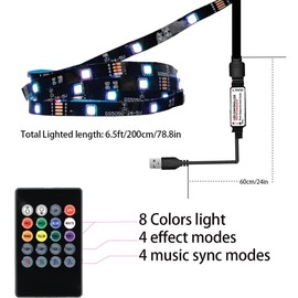 6.5ft 5V RGB 5050 LED Strip Light with Music sync, USB Powered, 24keys Remote Control, DIY Modern Style,Transform Your TV Viewing Experience with LED Backlighting