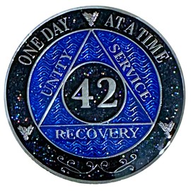AA 42-Year Shiny Fancy Glitter Recovery Medallion, Alcoholics Anonymous Recovery Sober Silver Color Metal Coin, Shiny Blue And Black Rainbow Glitter, AA Sobriety Chip