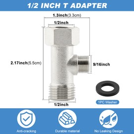 Bidet T Adapter, 3 Way Adapter or Tee Connector (Thread Size 1/2″ x 1/2″ x 9/16″), Bidet Attachment for Toilet (1/2inch)