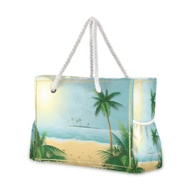 senya Large Beach Bags Totes Swim Canvas Tote Shoulder Bag Colorful Aloha Water Resistant Bags for Gym Travel Daily (Hawaii Sea Beach Coconut Trees)