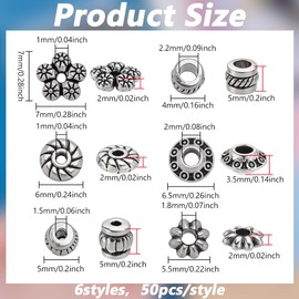 PH PandaHall 300pcs 6 Styles Tibetan Spacer Beads Antique Silver Metal Flat Round Bracelet Beads Antique Silver Flower Loose Bead for Summer Bracelet Necklace Earrings Jewellery Making Crafts