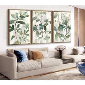 Large Framed Canvas Wall Art - Natural Float Framed Rustic Green Flowers Leaves Pictures Paintings White Grey Artwork Decor for Bedroom Living Room Kitchen Home Office Decoration 60" X 28" Set of 3