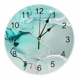 CosyBright Teal Silver Fluid Art Silent PVC Wall Clock 10 Inch Round Teal Abstract Waves Hanging Clock for Kitchen Non Ticking Battery Operated Living Room Mute Clock