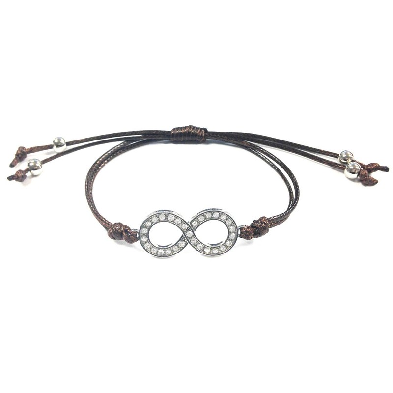 Wrapables Adjustable Rhinestone Infinity Leather Corded Bracelet, Brown Silver Tone