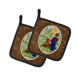 Caroline's Treasures SS8547PTHD Little boy with his Chesapeake Bay Retriever Pair of Pot Holders Kitchen Heat Resistant Pot Holders Sets Oven Hot Pads for Cooking Baking BBQ, 7 1/2 x 7 1/2