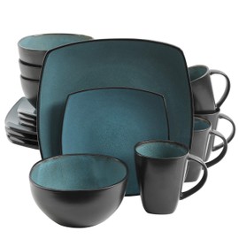 Gibson Soho Lounge Gibson 99813.16R Elite Soho Lounge 16 Piece Reactive Glaze Dinnerware Set, Teal/Black Tutone