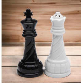 Fine Porcelain Chess Black King & White Queen Salt & Pepper Shakers Set, 3-3/4" H