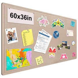 Large Bulletin Board, 60x36 Inches Cork Board Alternative, Large Felt Board Decorative Pin Board for Wall, Foldable Photo Board Self-Adhesive Vision Board with 36 Pushpins Khaki