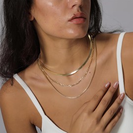 Women's Necklace, Snake Chain, Figaro Stackable Necklace, Gold, Pack of 3