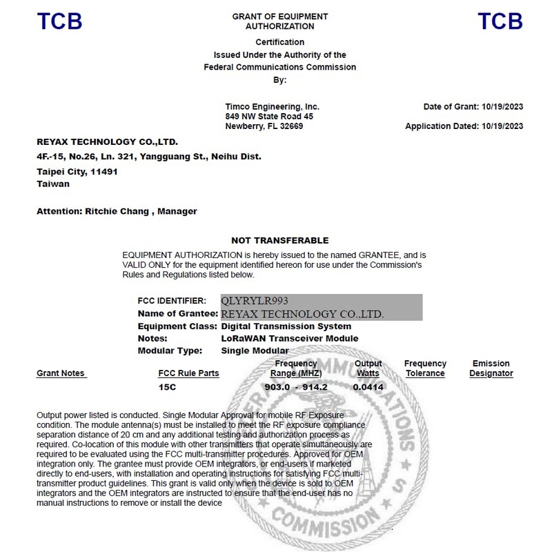 REYAX RYLR993 868/915MHz LoRaWAN® & Proprietary Dual Mode Transceiver LoRa