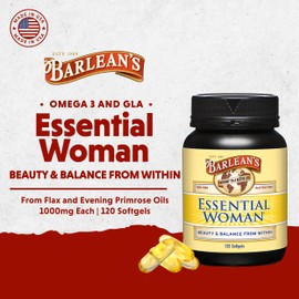 Barlean's Essential Woman Supplement Capsules, Women's Flaxseed and Evening Primrose Oil for Hormone Balance, Omega 3 6 9 and GLA Acid, 120 Count