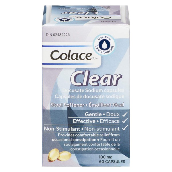 Colace Clear Docusate Sodium Stool Softener Capsules | Ideal For Colonoscopy Preparations | Also Treats Occasional Constipation | 60 Count