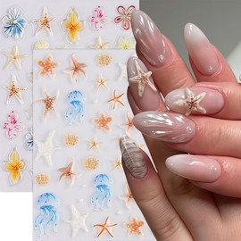 3PCS Ocean Life 5D Embossed Starfish Nails Stickers Seashell Nail Art Sticker Summer Nail Decals Sea Theme Starfish Jellyfish Nails Design Hibiscus Flowers Nail Supplies for Women DIY Manicure Decor