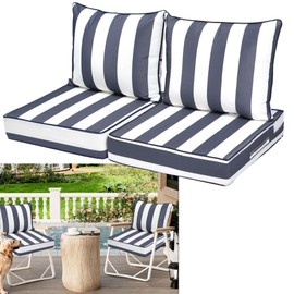 Outdoor Deep Seat Cushions for Patio Furniture Set of 2, Waterproof Outdoor Chair Cushions 24 x 24 x 4'' Patio Furniture Cushion with Fade Resistant Removable Cover, Handle & Strapsr, Blue Stripe