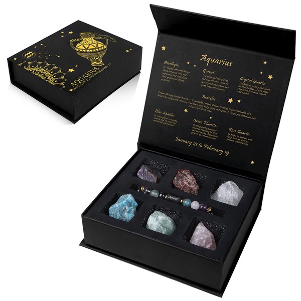 GolbalJew Aquarius Crystals Gift Set, Zodiac Signs Healing Crystals Birthstones with Horoscope Box Set Aquarius Astrology Crystal Bracelet Healing Stones Gifts