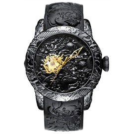 Automatic Watch for Men Fashion 3D Engraved Dragon Waterproof Big dial Sport Wristwatch (Black)