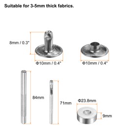sourcing map 100 Sets Leather Rivets 8 x 10mm Metal Double Cap Rivet Snaps Studs Fasteners with 3pcs Setting Tools Rivets for Leather Craft DIY Repair Decoration, Silver Tone