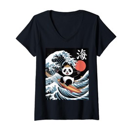 Womens Kawaii Panda Surfing Big Wave Japanese Art Ocean Scene V-Neck T-Shirt