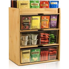 Tea Bag Organizer - Bamboo Tea Storage Organizer With Drawer 3 Layer, Tea Organizer for Tea Bags Natural Wood & Acrylic for Countertop Office Kitchen Cabinet Pantry - Size: 3 Layer