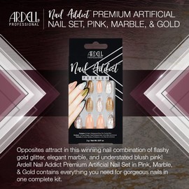 Ardell Nail Addict Premium Press On Nails – Pink Marble & Gold, Almond Fake Nails, 24-Pc Nail Extensions with Glue, Nail File & Cuticle Stick