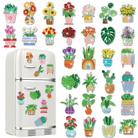 Remuuly 30 Pcs Diamond Painting Magnets Spring Diamond Art Fridge Magnet Cow Flower Plant Refrigerator Sticker Diamond Painting Kits for Adults Kids DIY Crafts Home Decor(Potted Plant)