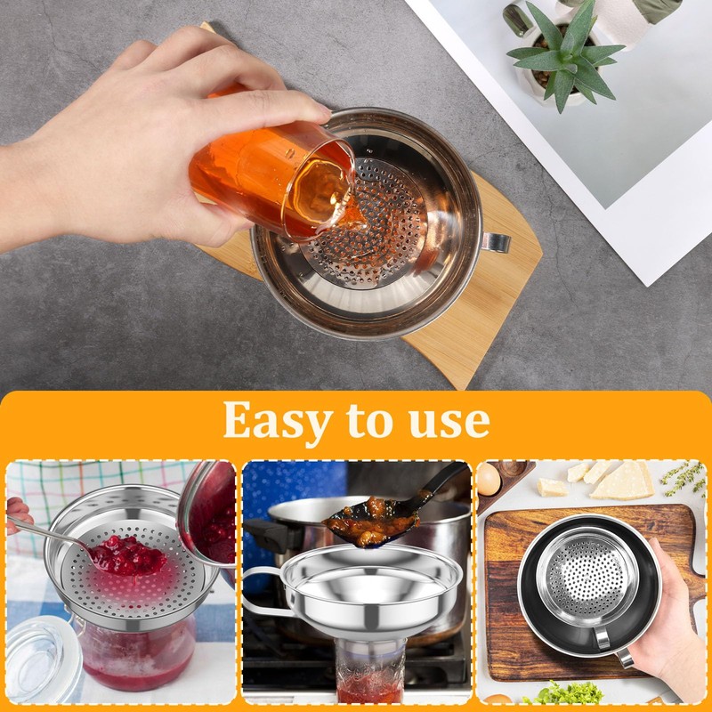 3 Pcs Canning Funnel with Strainer Stainless Steel Wide Mouth
