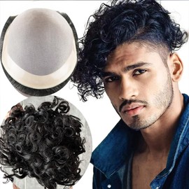 SIMBEAUTY Indian Remy Human Hair Curl Toupee 10x8inch for Men with Men Hair System Replacement Wig (Mono Base #1B (Off Black) 20mm Curl)
