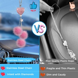 Pink Bling Car Accessories Interior for Women - Girly Crystal Car Rearview Mirror Decor, Cute Rinestones Diamond Para Carro de Mujer, Car Mirror Decor Love Heart [Fuzzy Plush Ball]